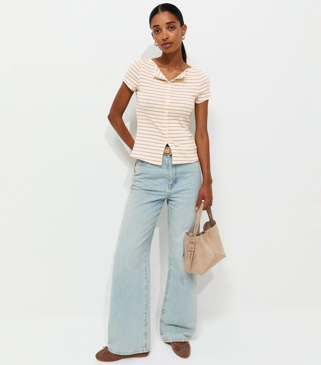 New Look Women's White Cotton Rich Striped Button Through Baby Tee T-Shirt New Look - 3