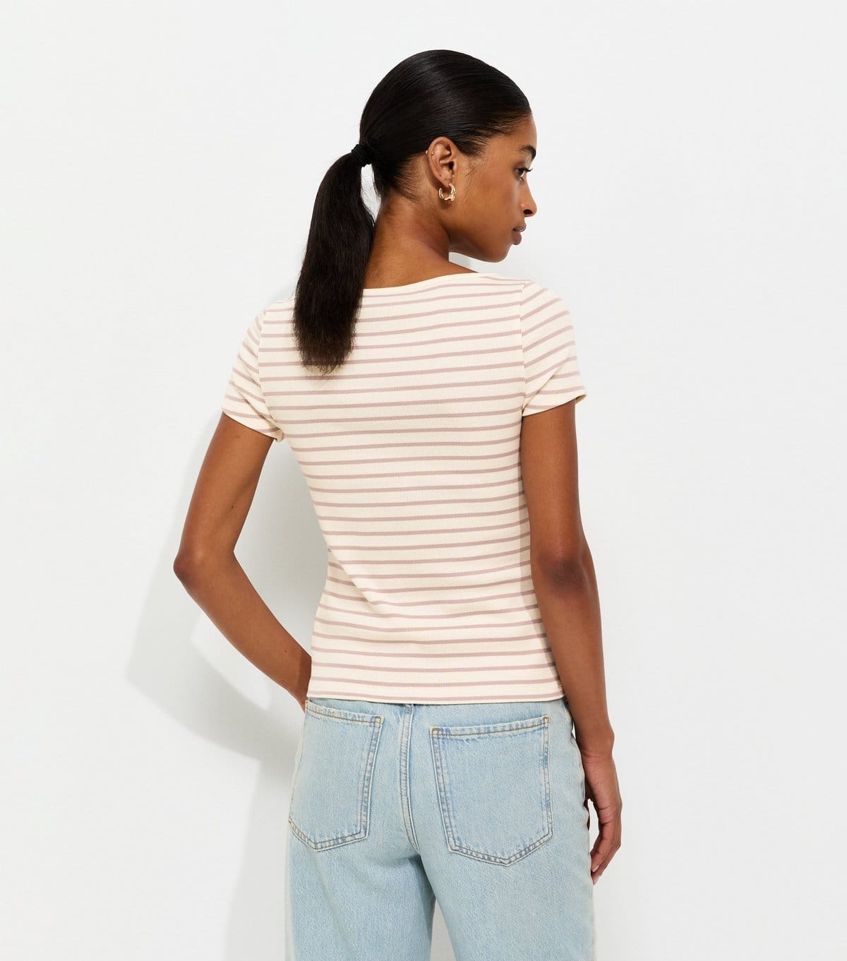 New Look Women's White Cotton Rich Striped Button Through Baby Tee T-Shirt New Look - 4