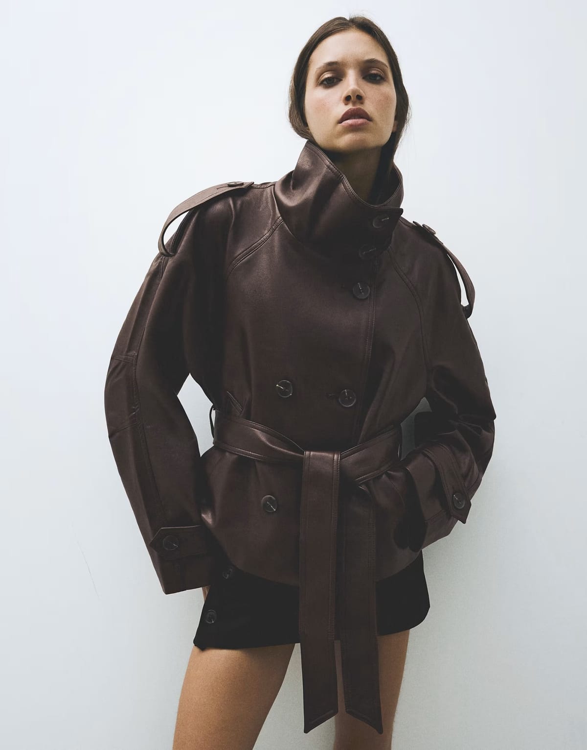 ASOS Bershka Short leather effect trench coat in brown - 1