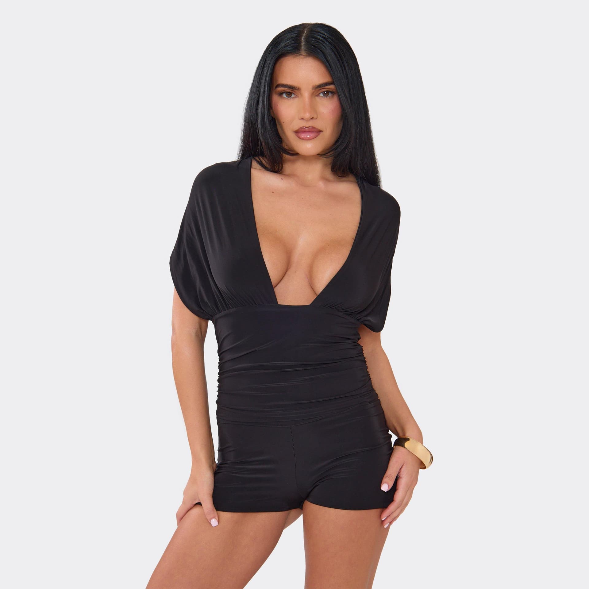 EGO Sleeveless Plunge Front Tie Back Ruched Playsuit In Black, Women's Size UK 6