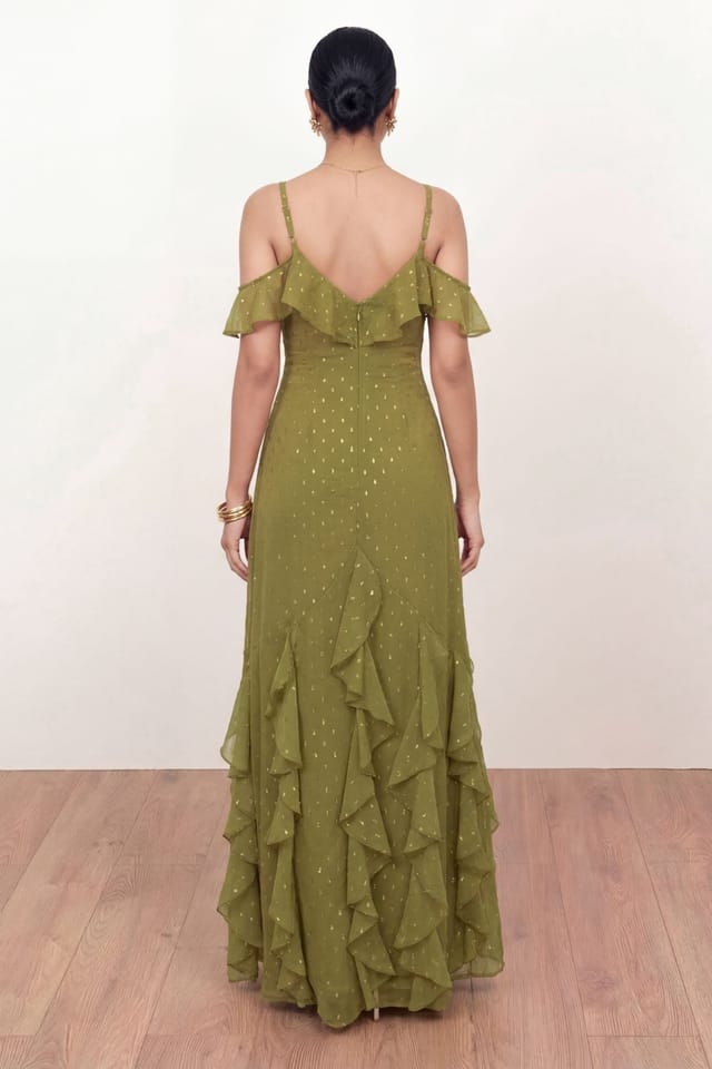 Anaya with Love Anaya with Love Women's Cold Shoulder Ruffle Maxi Dress in Olive - 2
