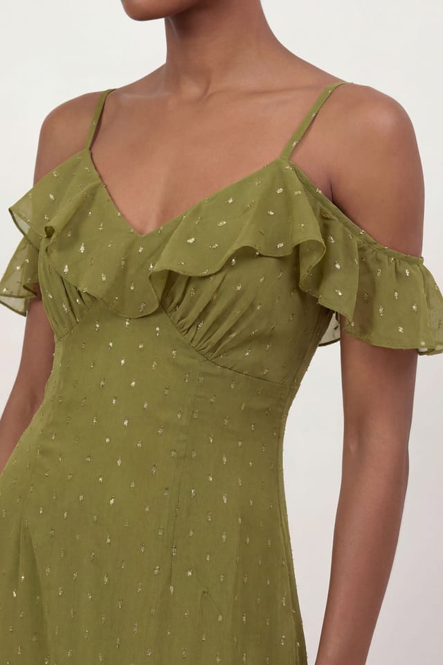 Anaya with Love Anaya with Love Women's Cold Shoulder Ruffle Maxi Dress in Olive - 3