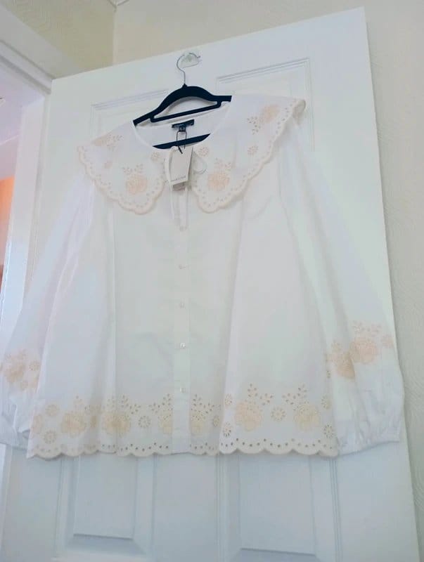 Nobodys Child Nobody's Child | White peach broderie scallop edge tie collar button front blouse UK 16 BNWT £70 - 1