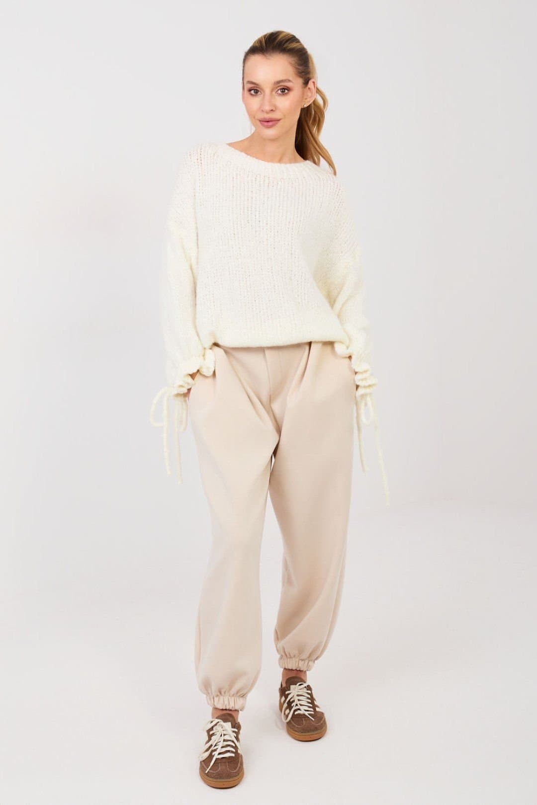 Love Lace Love Lace Beige Viscose Elastane Pleated Jogger Trousers