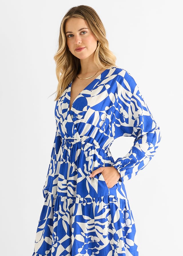 Gini London Gini London Women's Blue Abstract Wrap Elasticated Waist Midaxi Dress - 2