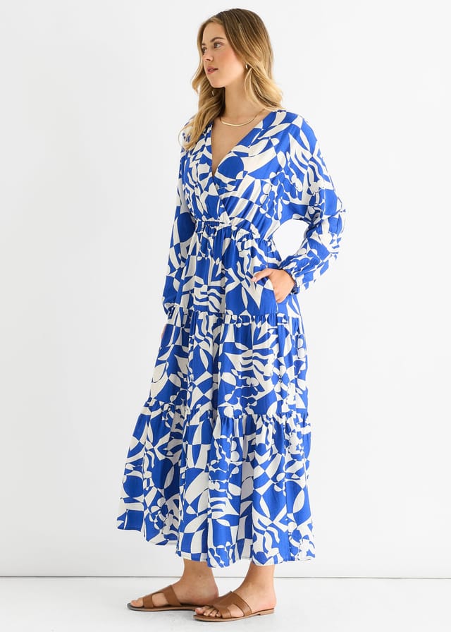 Gini London Gini London Women's Blue Abstract Wrap Elasticated Waist Midaxi Dress - 3