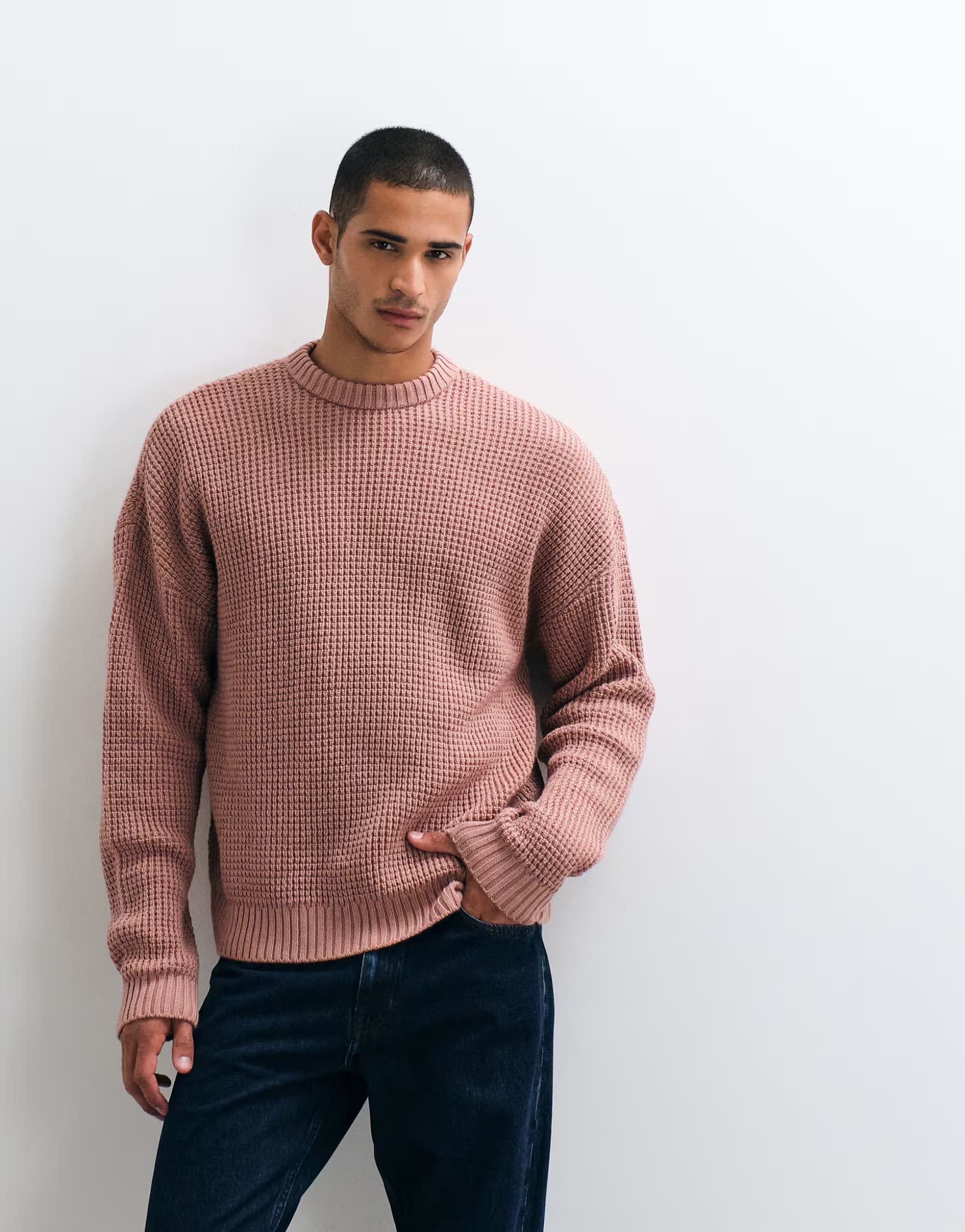 ASOS ASOS DESIGN oversized chunky waffle knitted jumper in pink