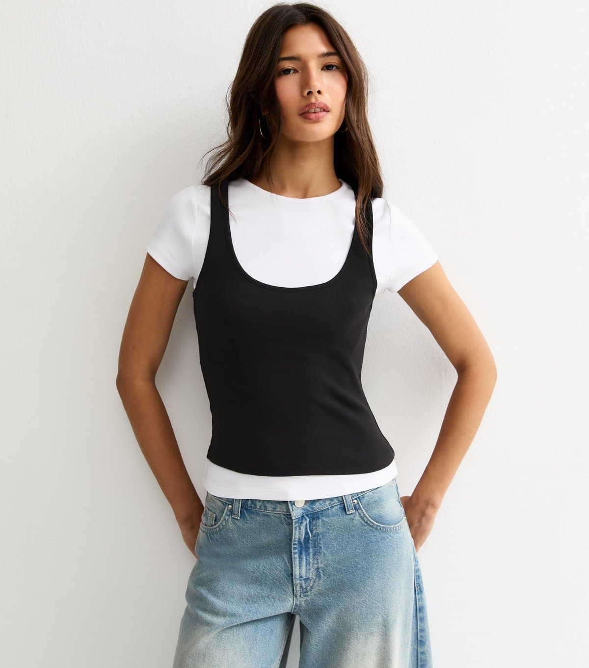 New Look Women's Black Jersey 2-In-1 Vest Baby Tee T-Shirt New Look