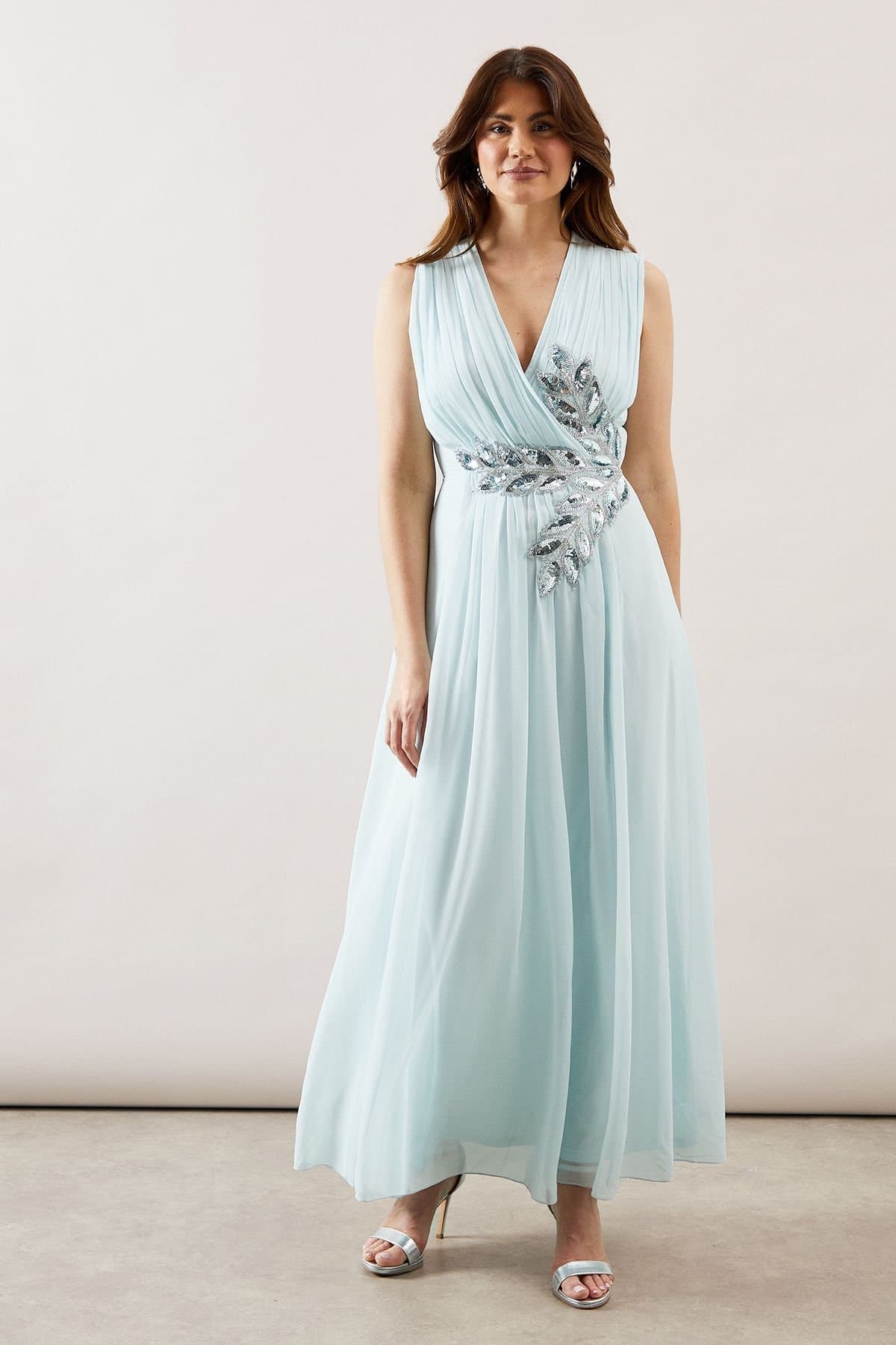 Wallis Wallis Women's Beaded Embellished Wrap Top Georgette Maxi Dress in Ice Blue