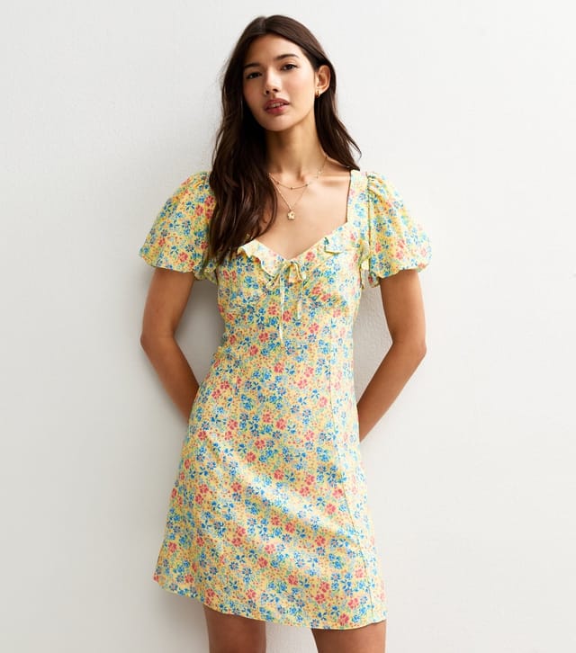 New Look Women's Yellow Floral Print Ruffle Trim Mini Dress New Look - 2