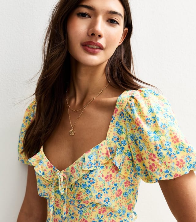 New Look Women's Yellow Floral Print Ruffle Trim Mini Dress New Look - 3