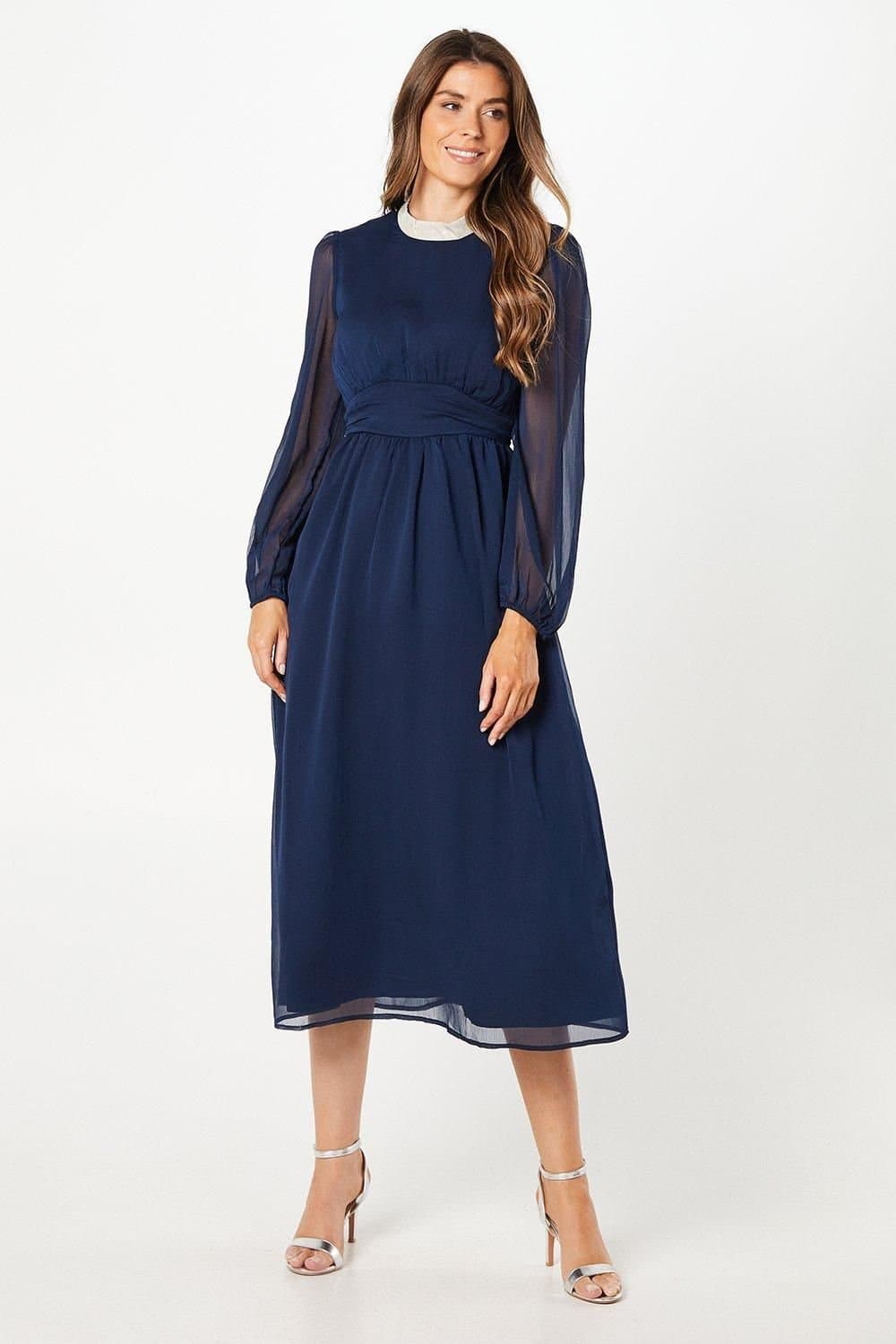 Wallis Wallis Women's Foil Trim Gathered Waist Midi Dress in Mid Navy