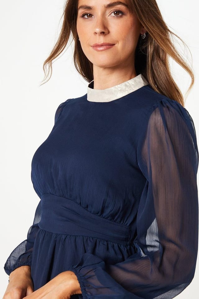 Wallis Wallis Women's Foil Trim Gathered Waist Midi Dress in Mid Navy - 2