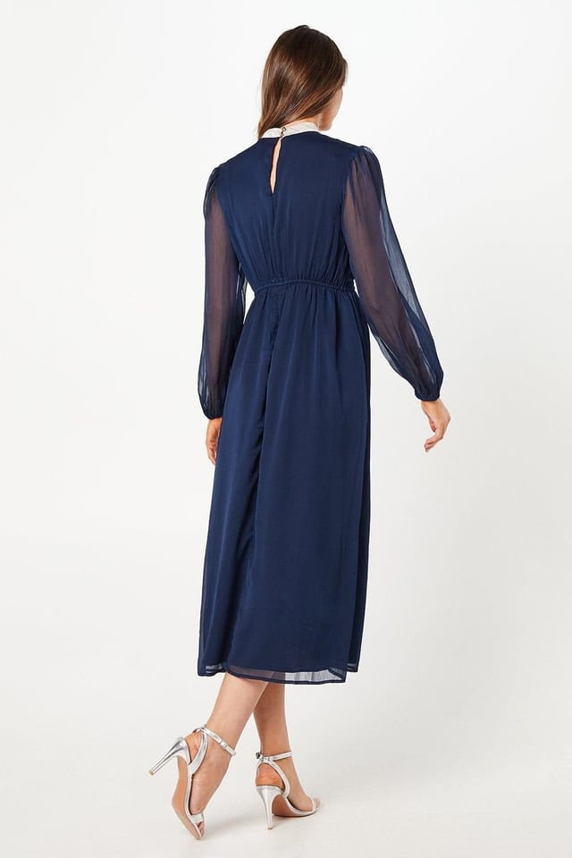 Wallis Wallis Women's Foil Trim Gathered Waist Midi Dress in Mid Navy - 3