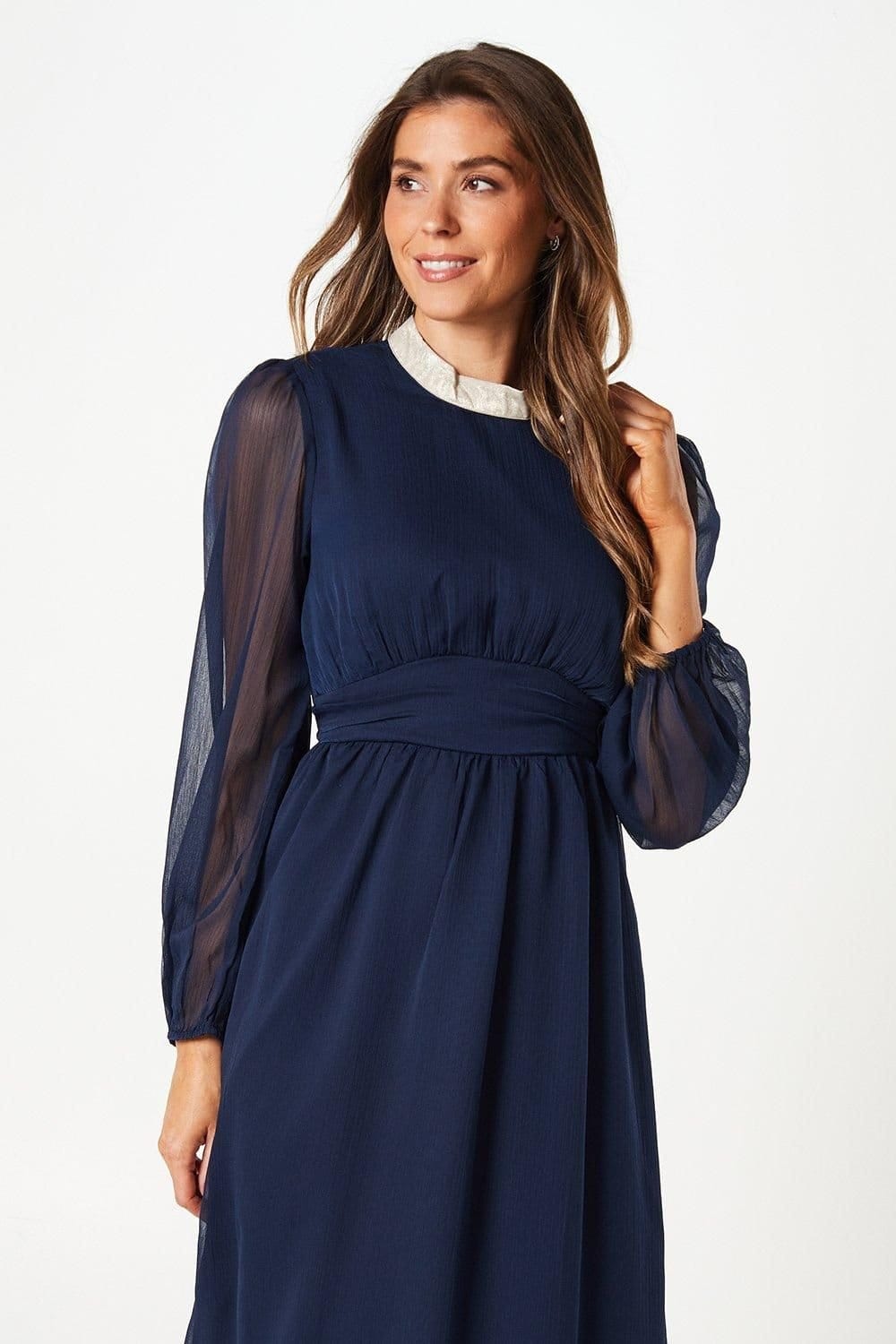 Wallis Wallis Women's Foil Trim Gathered Waist Midi Dress in Mid Navy - 4