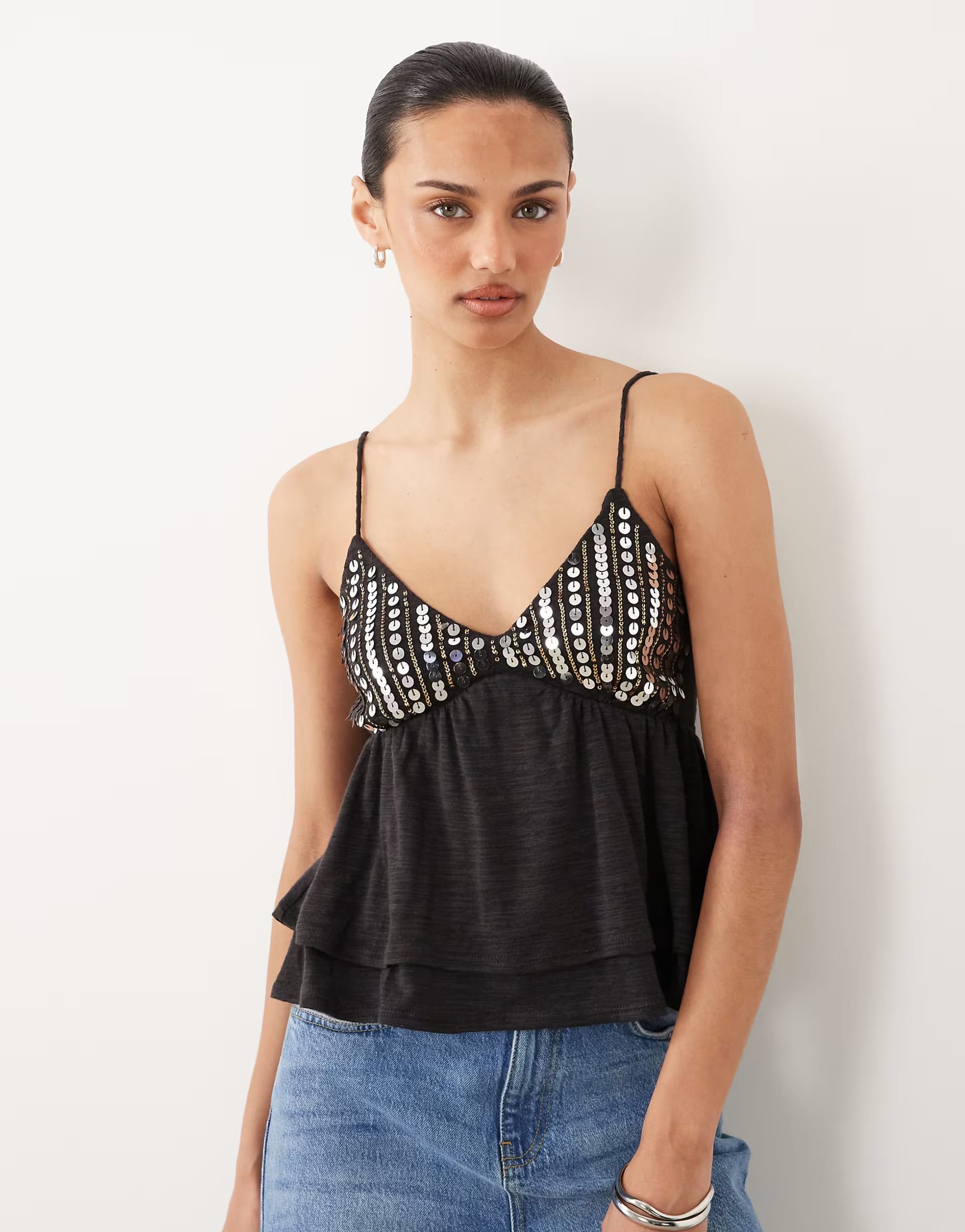 ASOS Charcoal Sequin Detail Baby Doll Cami Top