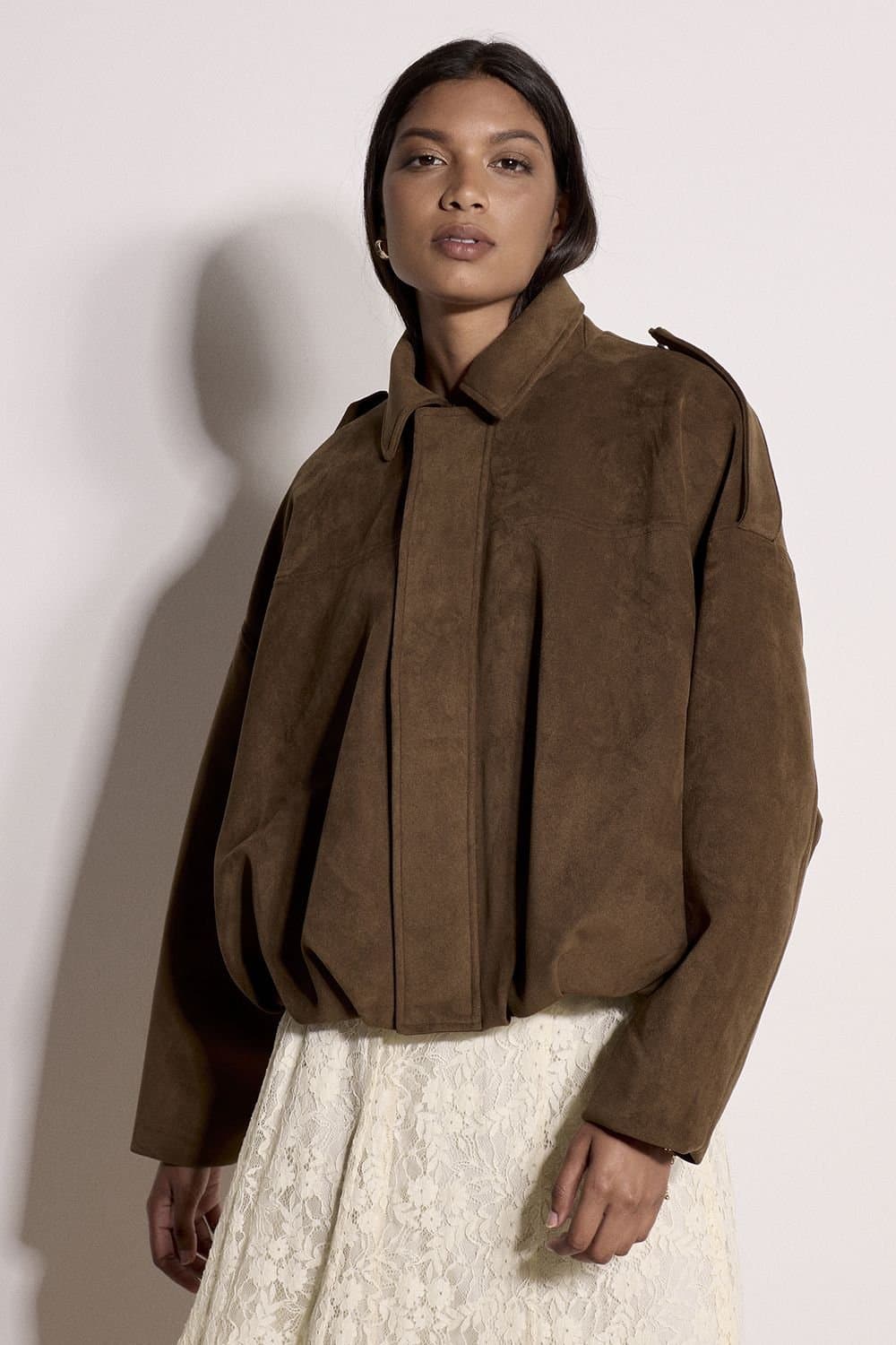 Apricot Apricot Women's Suede Bubble Hem Batwing Jacket in Brown