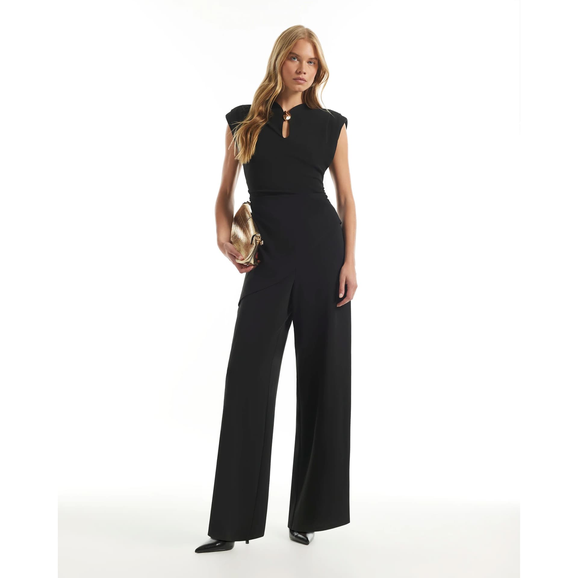River Island River Island Womens Black Trim Detail Shoulder Pad Jumpsuit