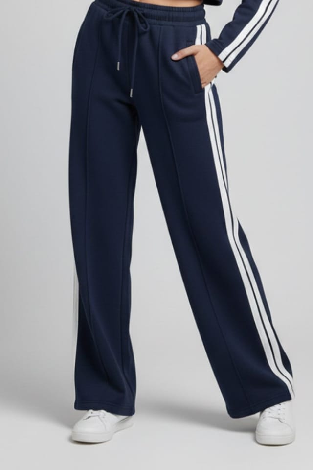 STYLEWISE STYLEWISE Women's Stripe Zip-Up Tracktop & Jogger Set - Striped - Wide Leg - Tracksuit in Navy - 3