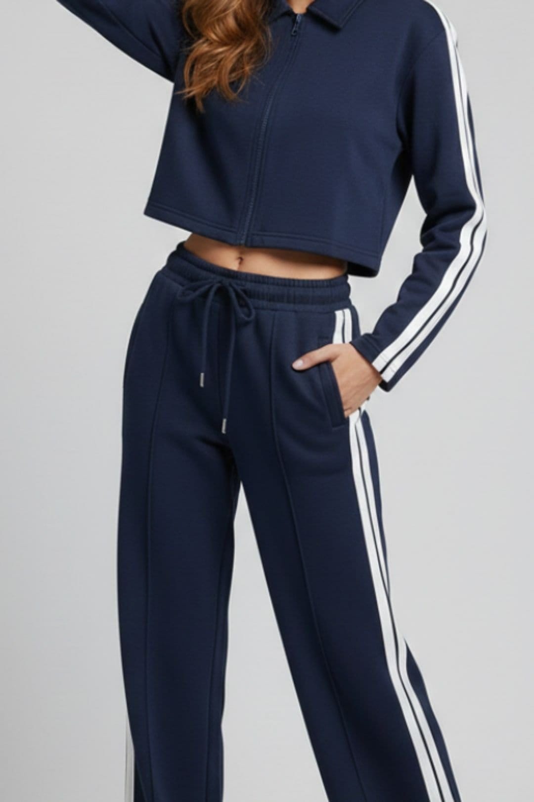 STYLEWISE STYLEWISE Women's Stripe Zip-Up Tracktop & Jogger Set - Striped - Wide Leg - Tracksuit in Navy - 4