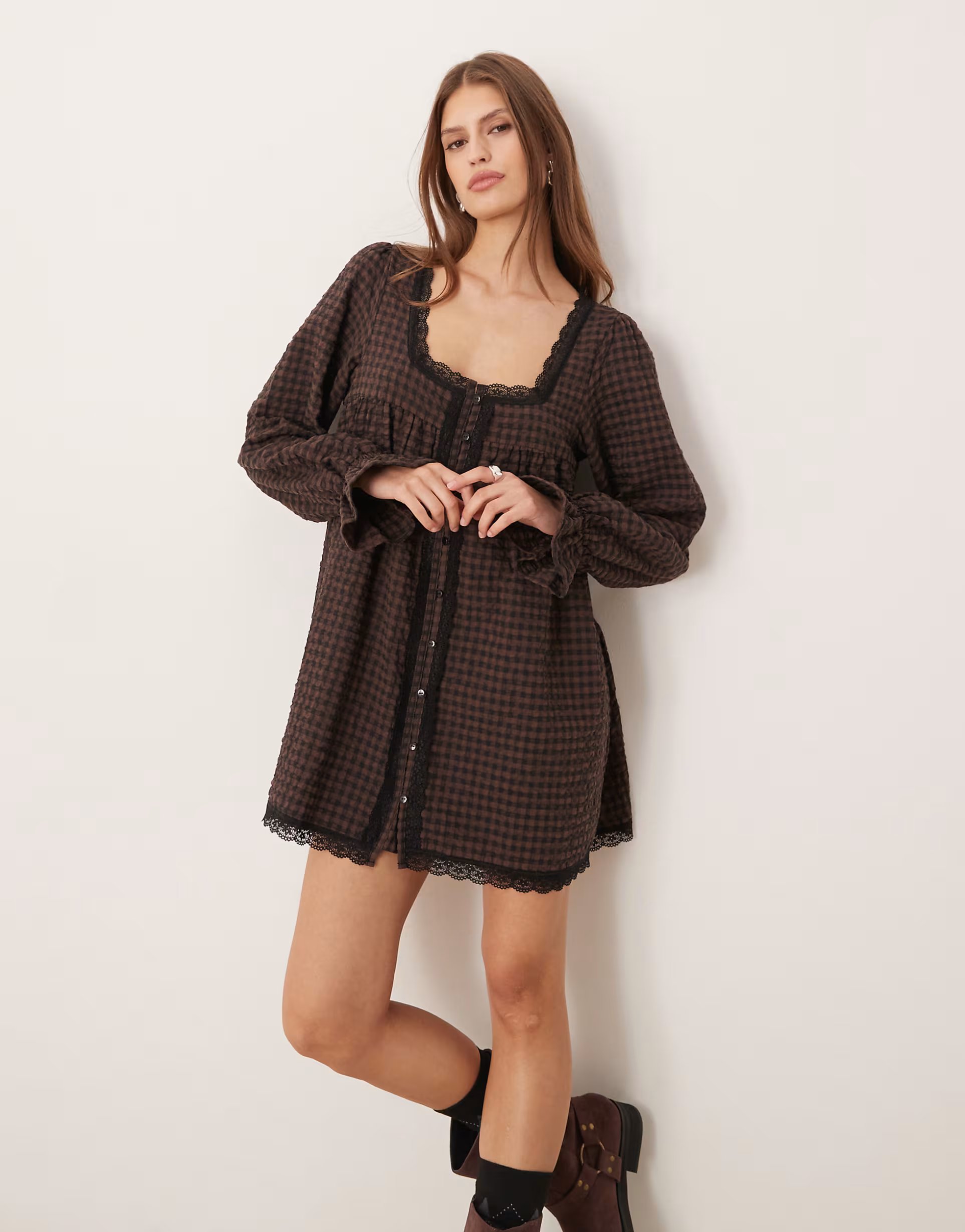 ASOS ASOS DESIGN babydoll lace trim mini dress in brushed check - 1