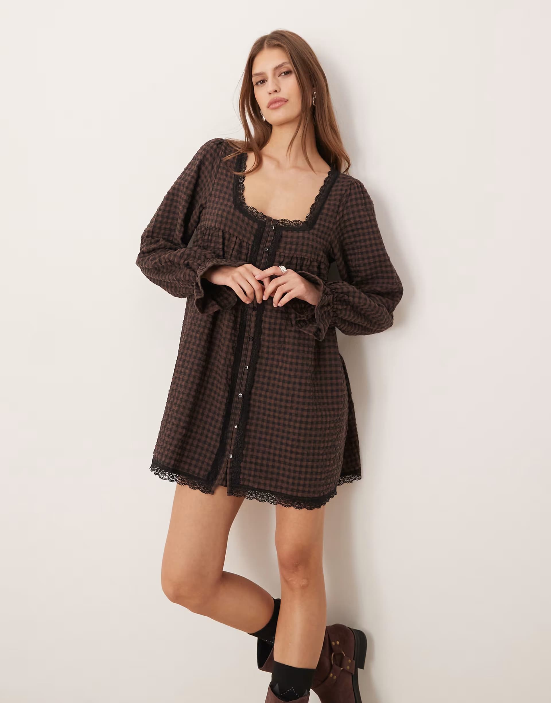 ASOS ASOS DESIGN babydoll lace trim mini dress in brushed check