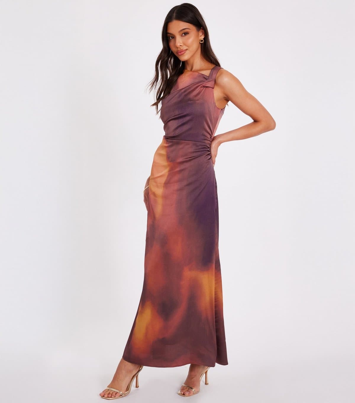 Quiz Women's Brown Textured Satin Marble Print Midi Dress Quiz New Look