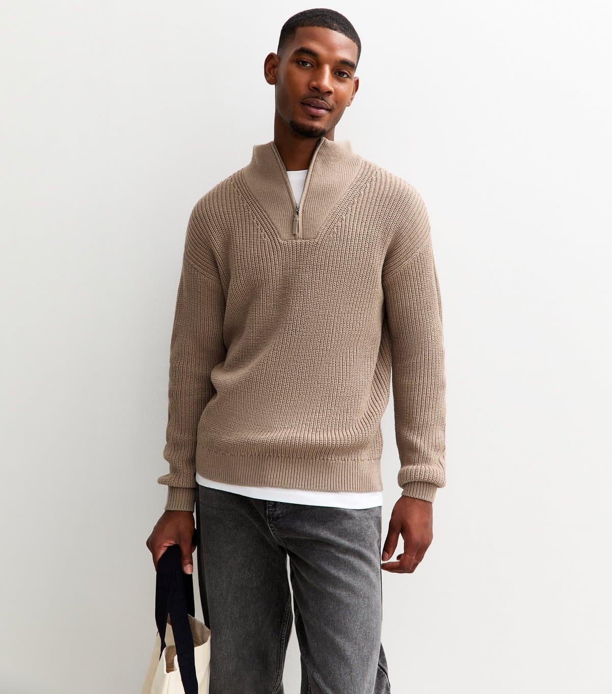 New Look Men's Mink Regular Quarter Zip Funnel Neck Jumper New Look