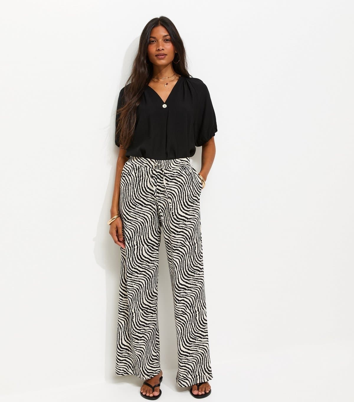 New Look Women's Brown Zebra Print Crinkle Texture Wide Leg Trousers New Look