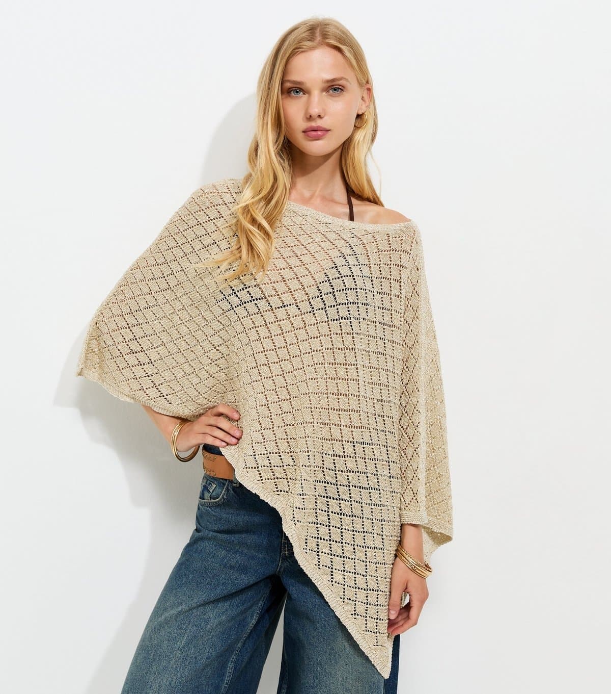 New Look Women's Gold Cotton Blend Diamond Knit Poncho New Look