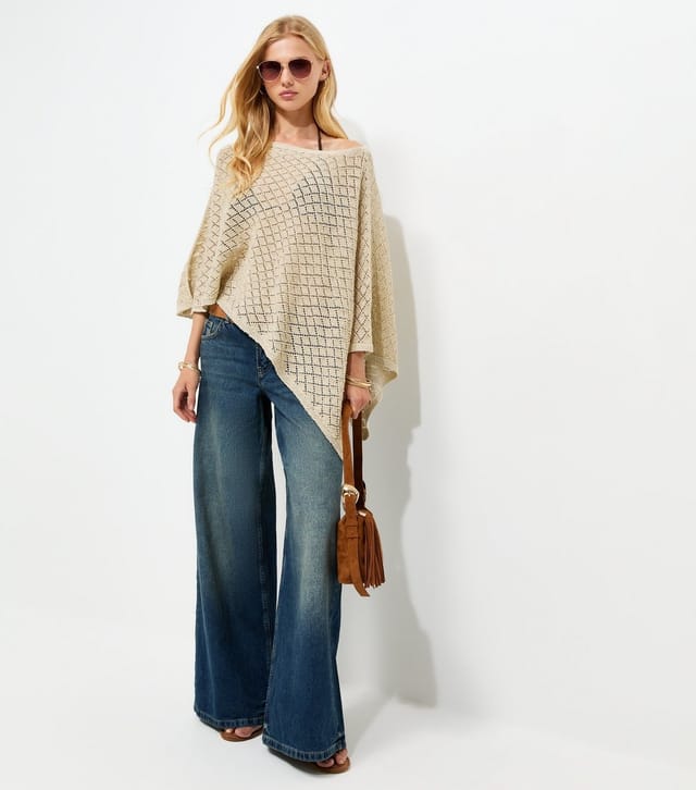 New Look Women's Gold Cotton Blend Diamond Knit Poncho New Look - 2