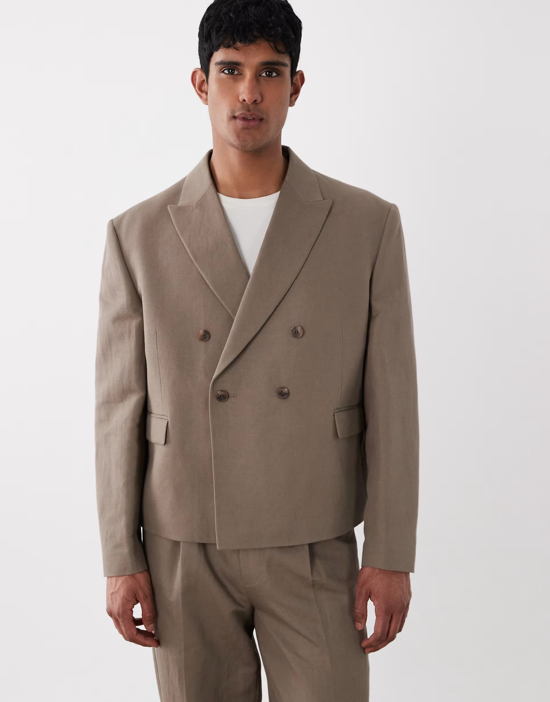 ASOS ASOS DESIGN double breasted boxy linen rich suit blazer in brown