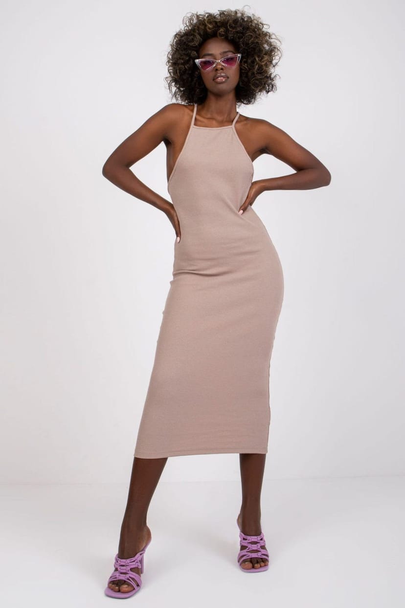 Love Lace Love Lace Women's Everyday Ribbed Square Neck Midi Pencil Dress in Beige - 1