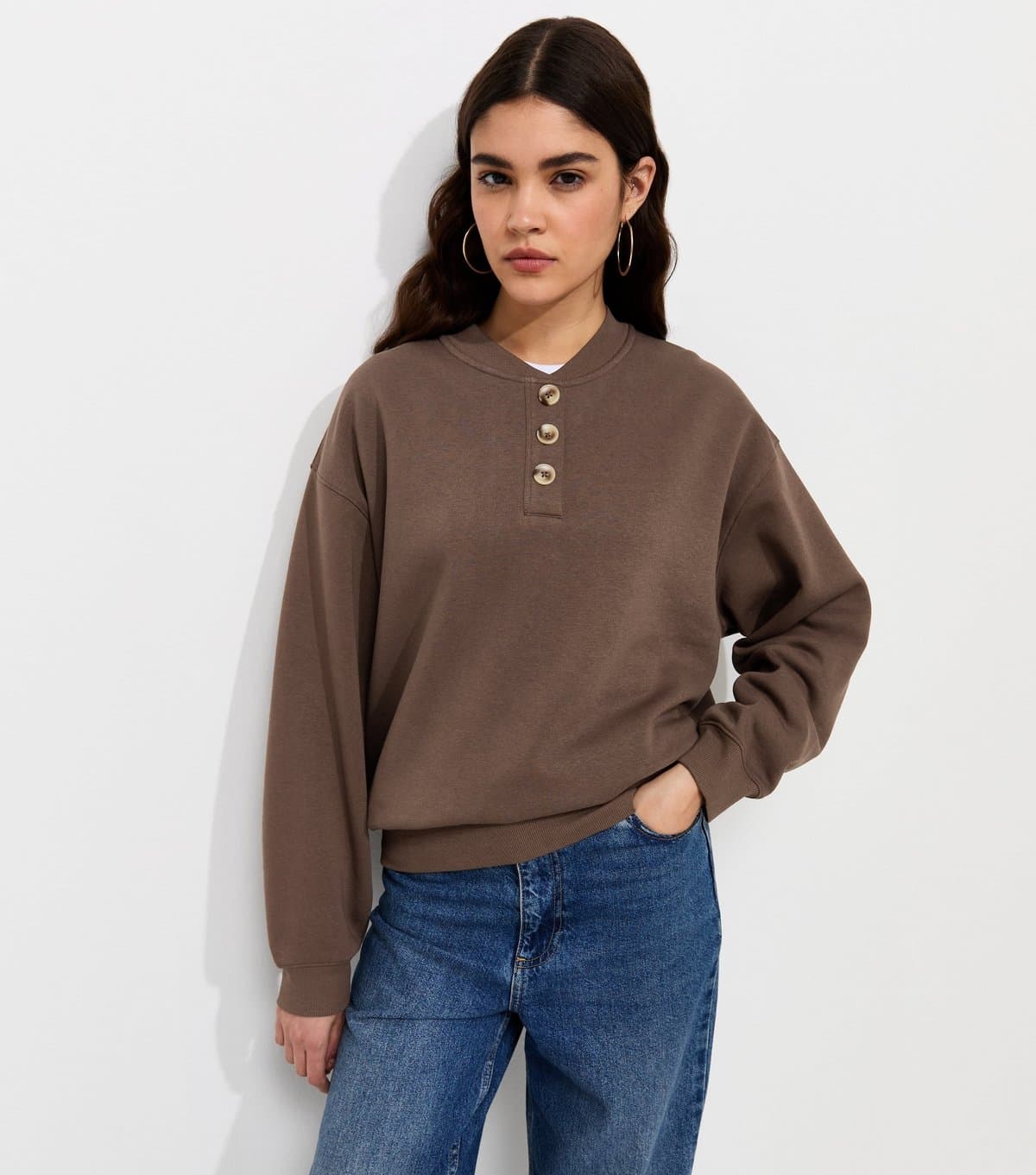 New Look Women's Dark Brown Cotton Rich Henley Collar Sweatshirt New Look