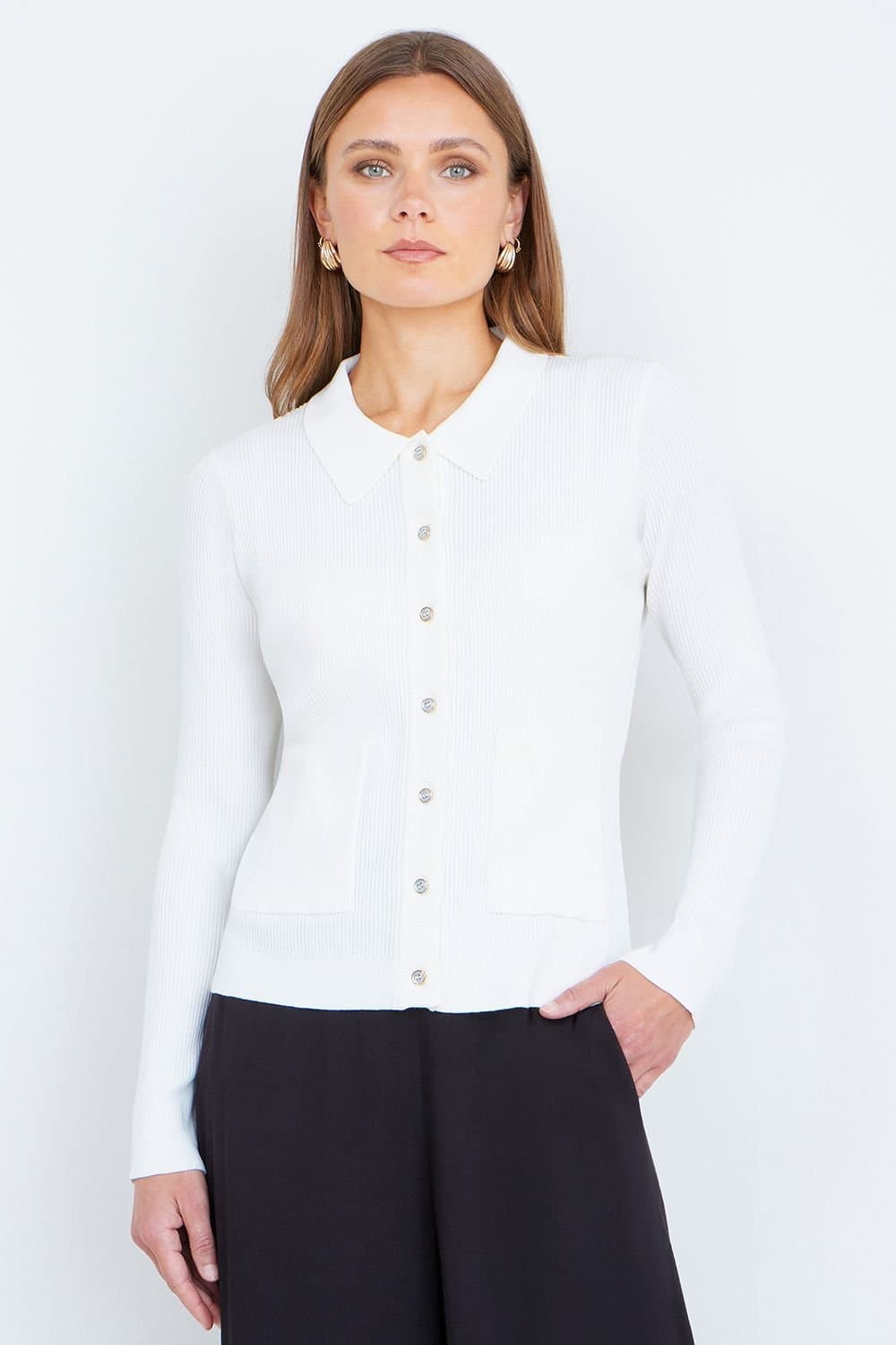 Yumi Yumi Women's Ivory Ribbed Collar Button Up Cardigan