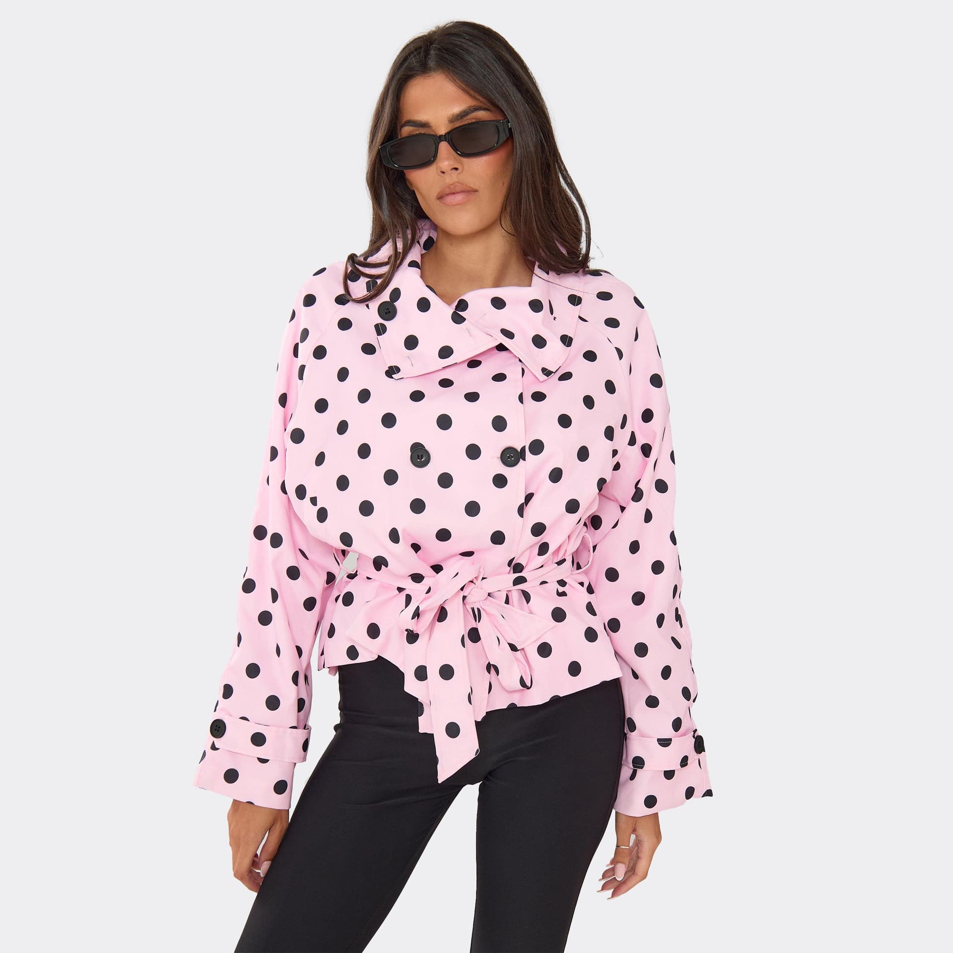 EGO Funnel Neck Belted Trench Jacket In Pink Polka Dot, Women's Size UK L