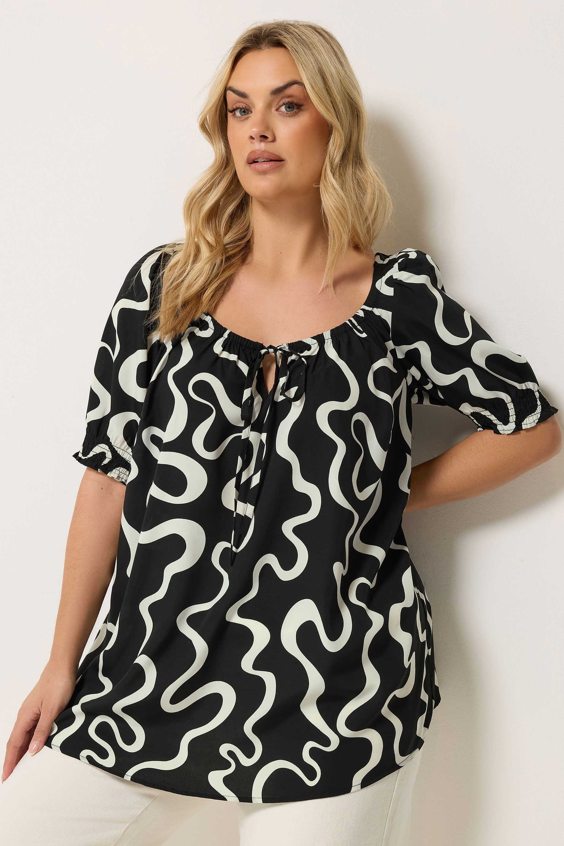 Yours Plus Size Black Abstract Print Tie Front Blouse