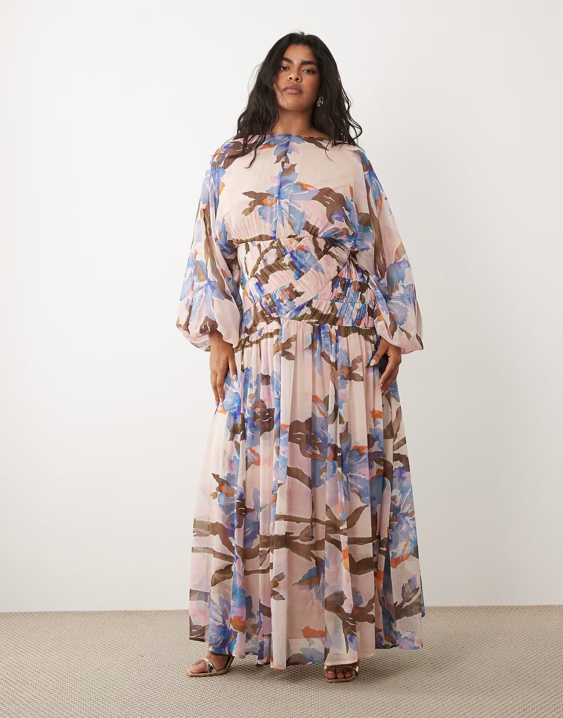 ASOS ASOS DESIGN Curve long sleeve blouson maxi dress with gauged ruched waist detail in romantic floral print