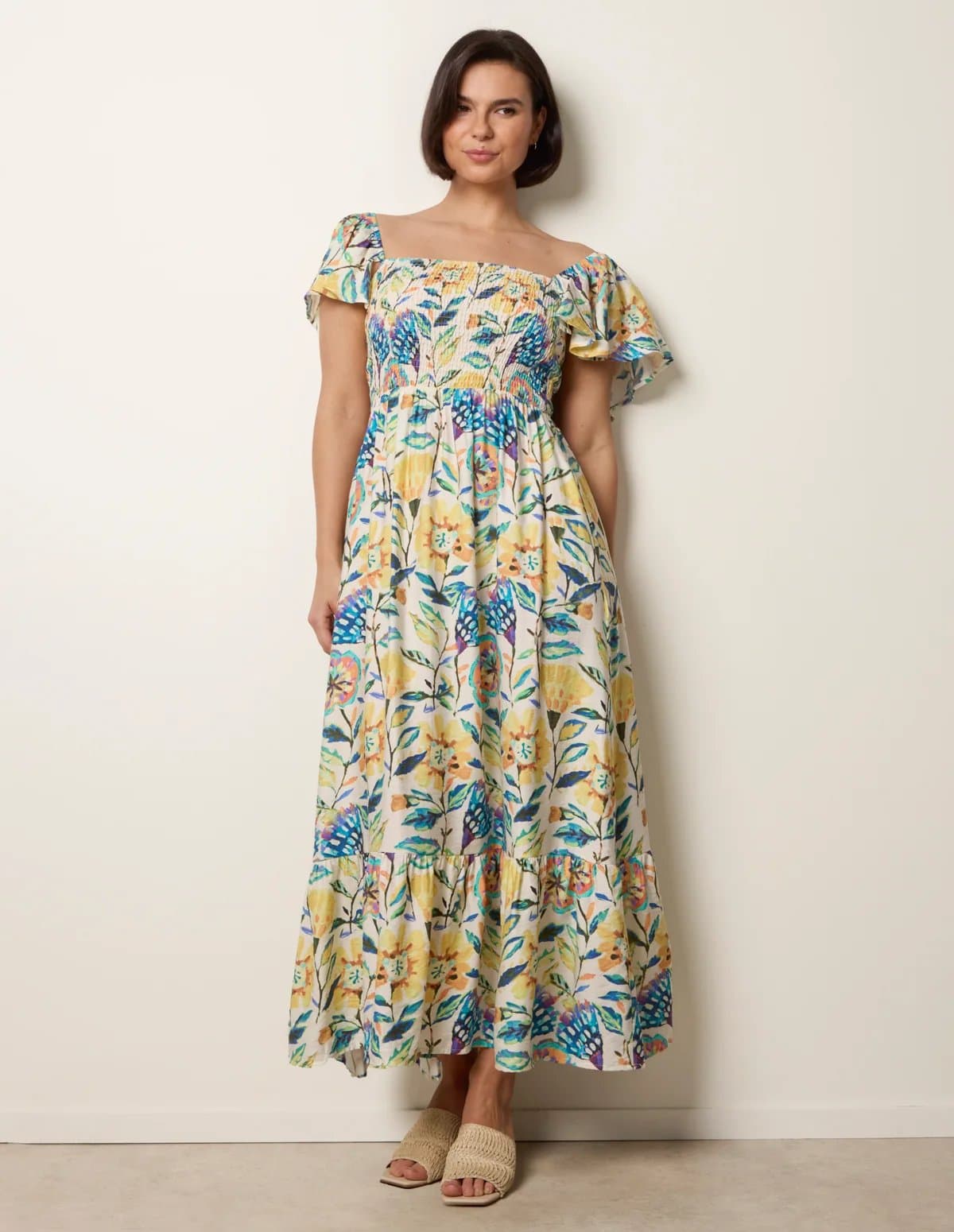Blue Vanilla Frill Sleeveless Tropical Floral Print Dress
