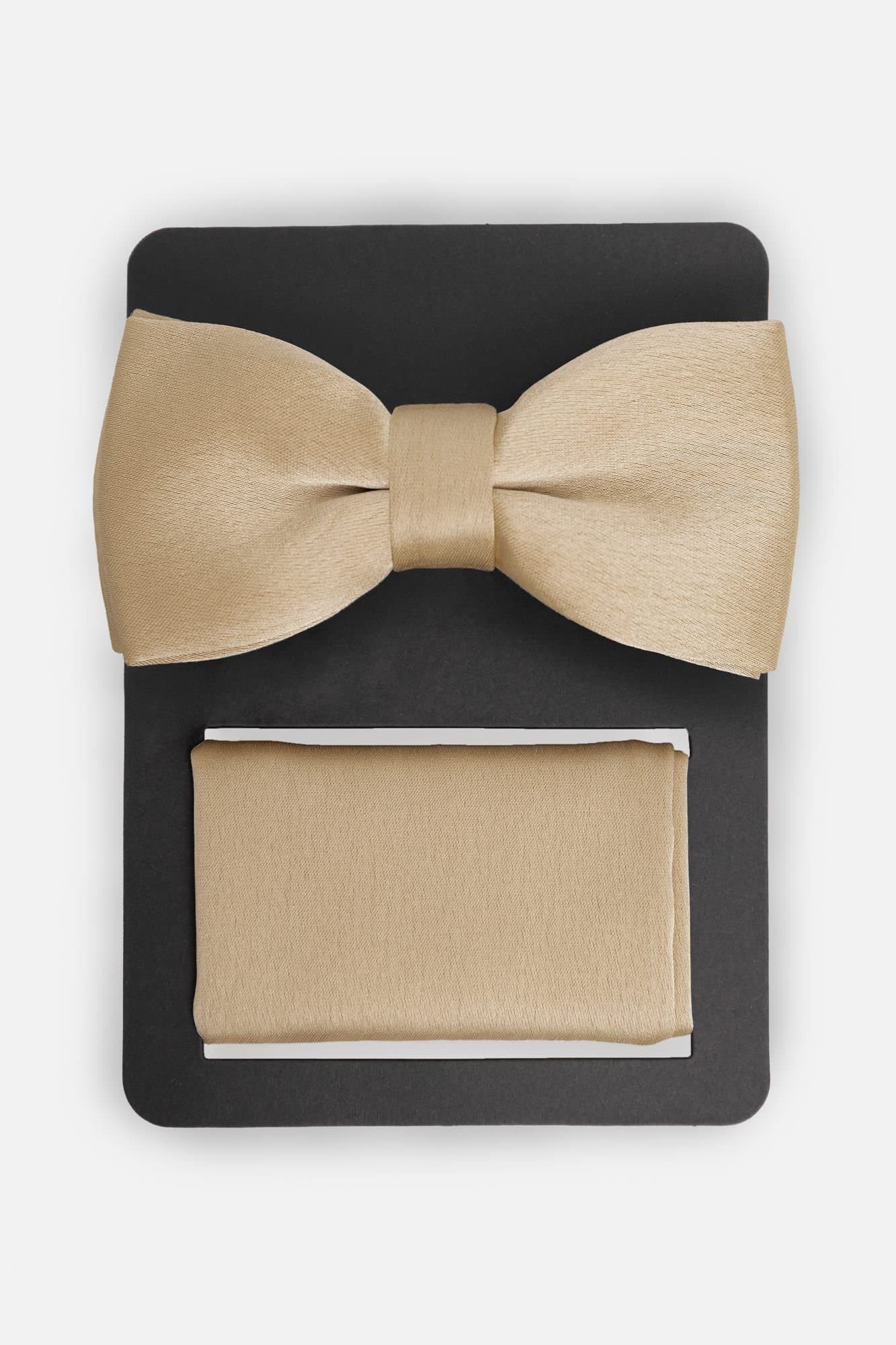 Maya Deluxe Maya Deluxe Men's Satin Bow Tie Pocket Square Set in Nude
