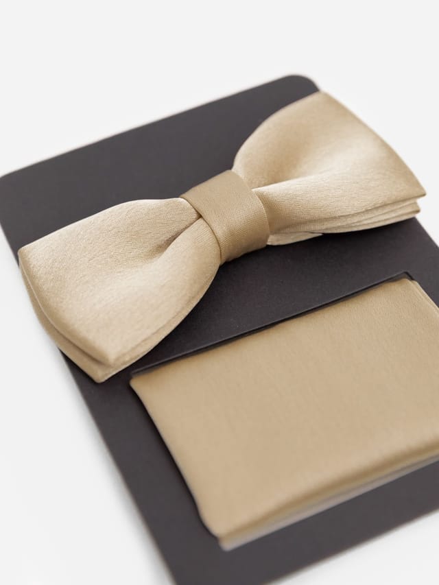 Maya Deluxe Maya Deluxe Men's Satin Bow Tie Pocket Square Set in Nude - 2