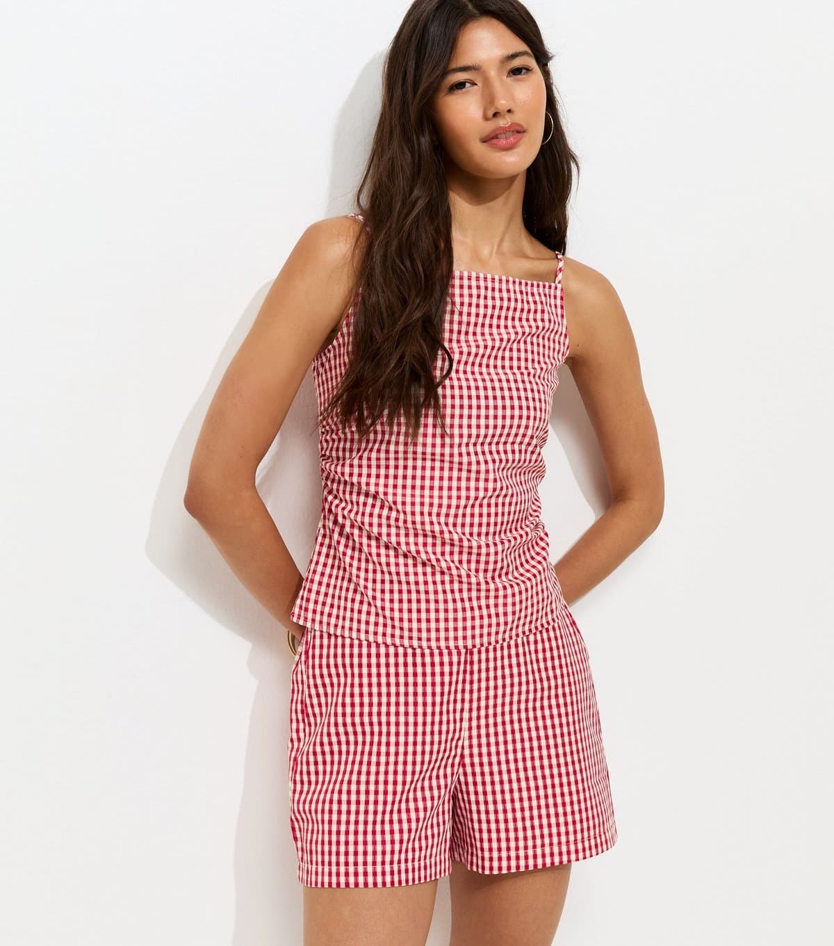 New Look Women's Red Gingham Print Ruched Cami Top New Look