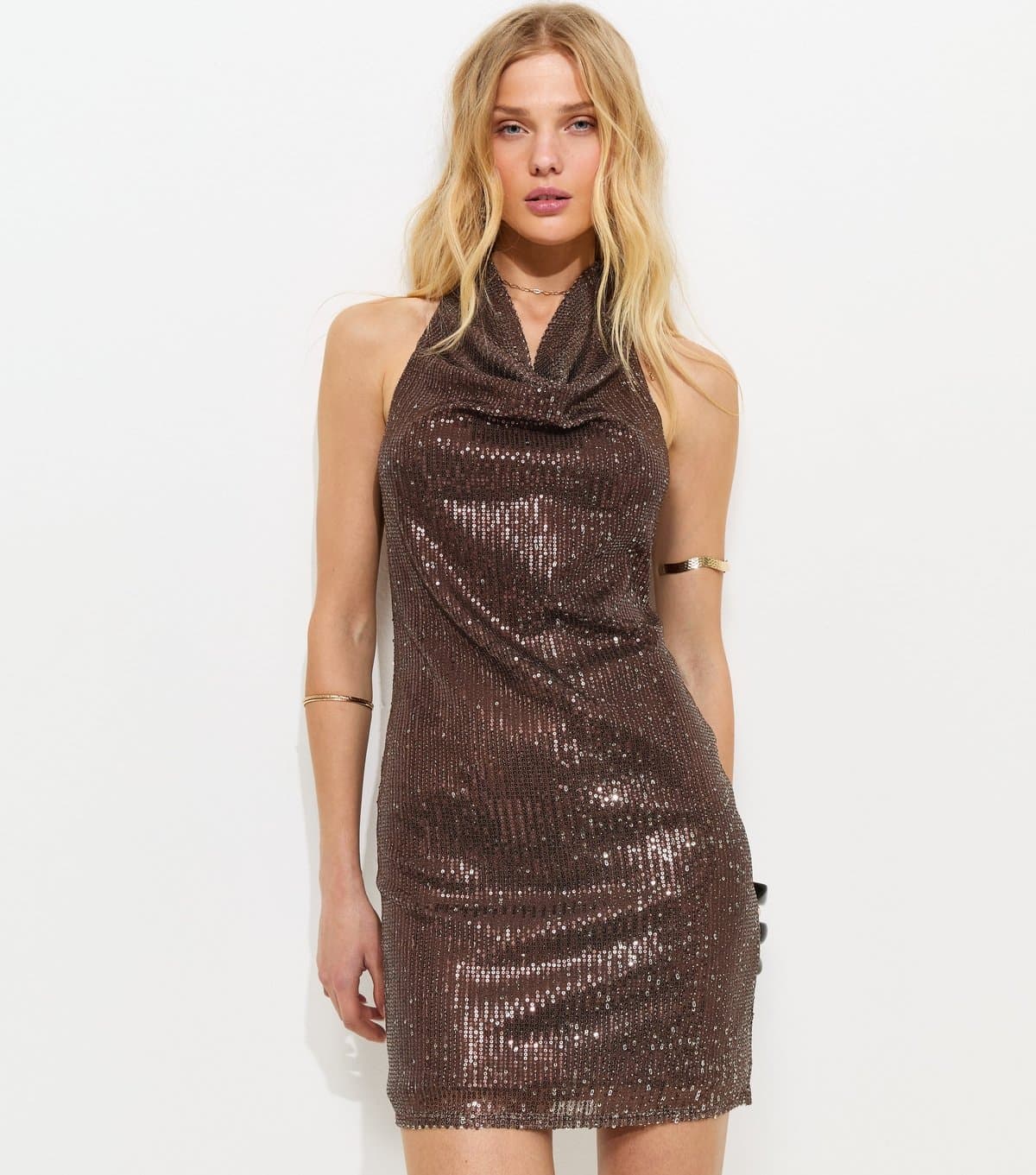 New Look Women's Brown Sequinned Halter Cowl Neck Mini Dress New Look