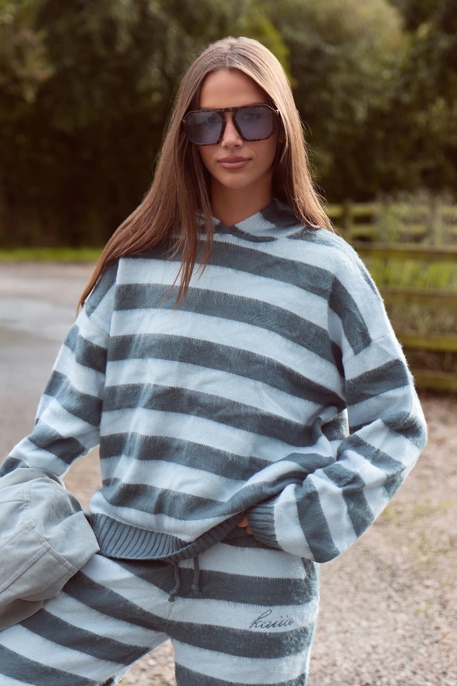 Kaiia Kaiia Knit Striped Oversized Hoodie Blue & Turquoise
