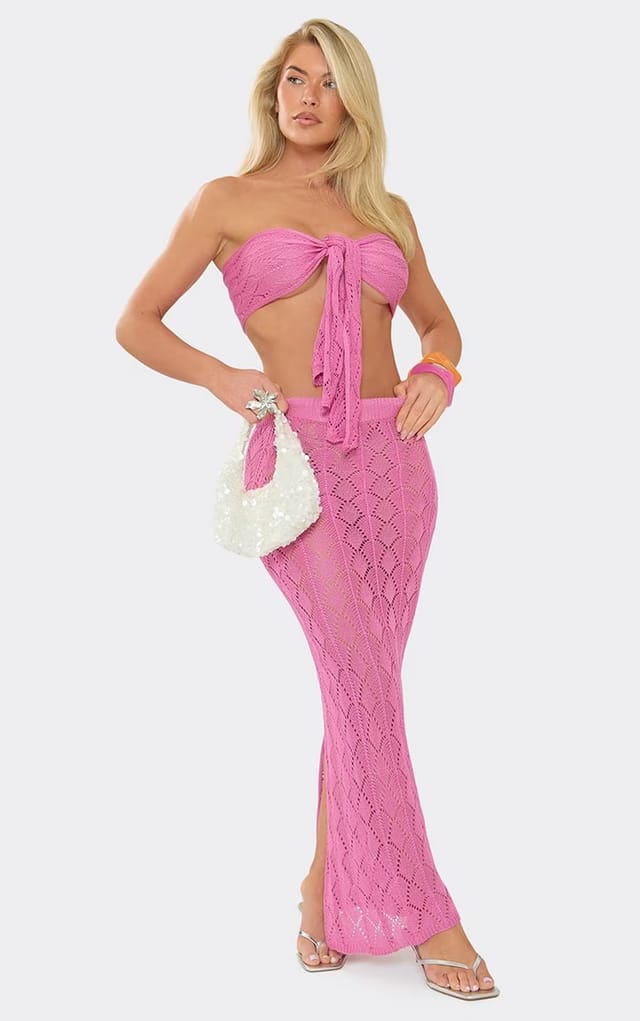 EGO Bandeau Tie Front Crop Top In Pink Crochet Knit, Women's Size UK L - 2