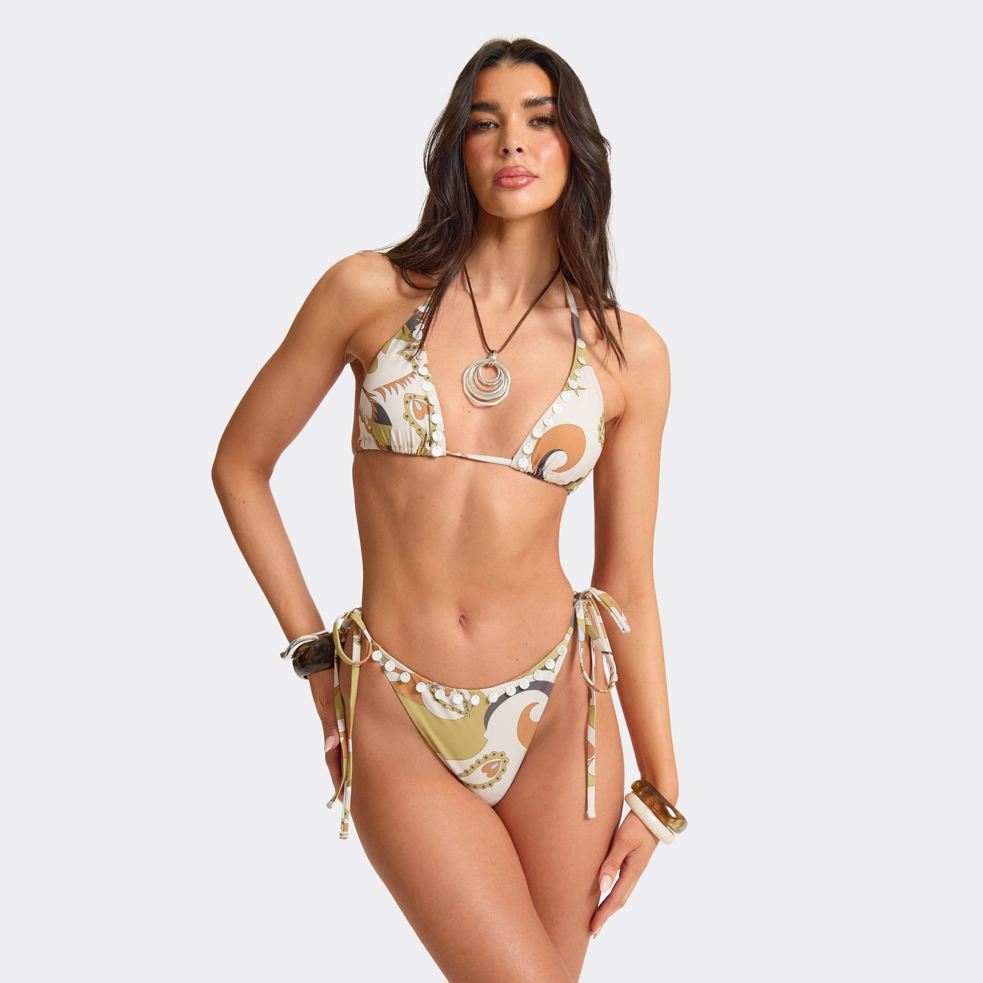 EGO Brown Abstract Print Shell Trim Tie Bikini Bottoms