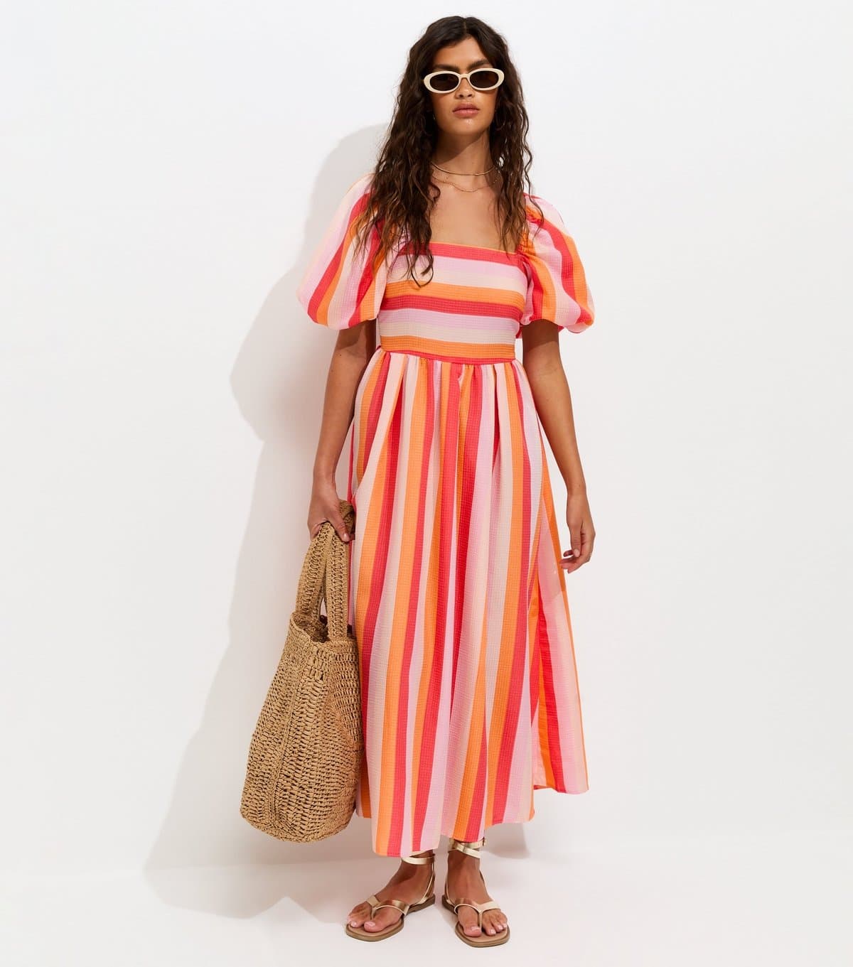 New Look Women's Pink Stripe Milkmaid Midi Dress New Look