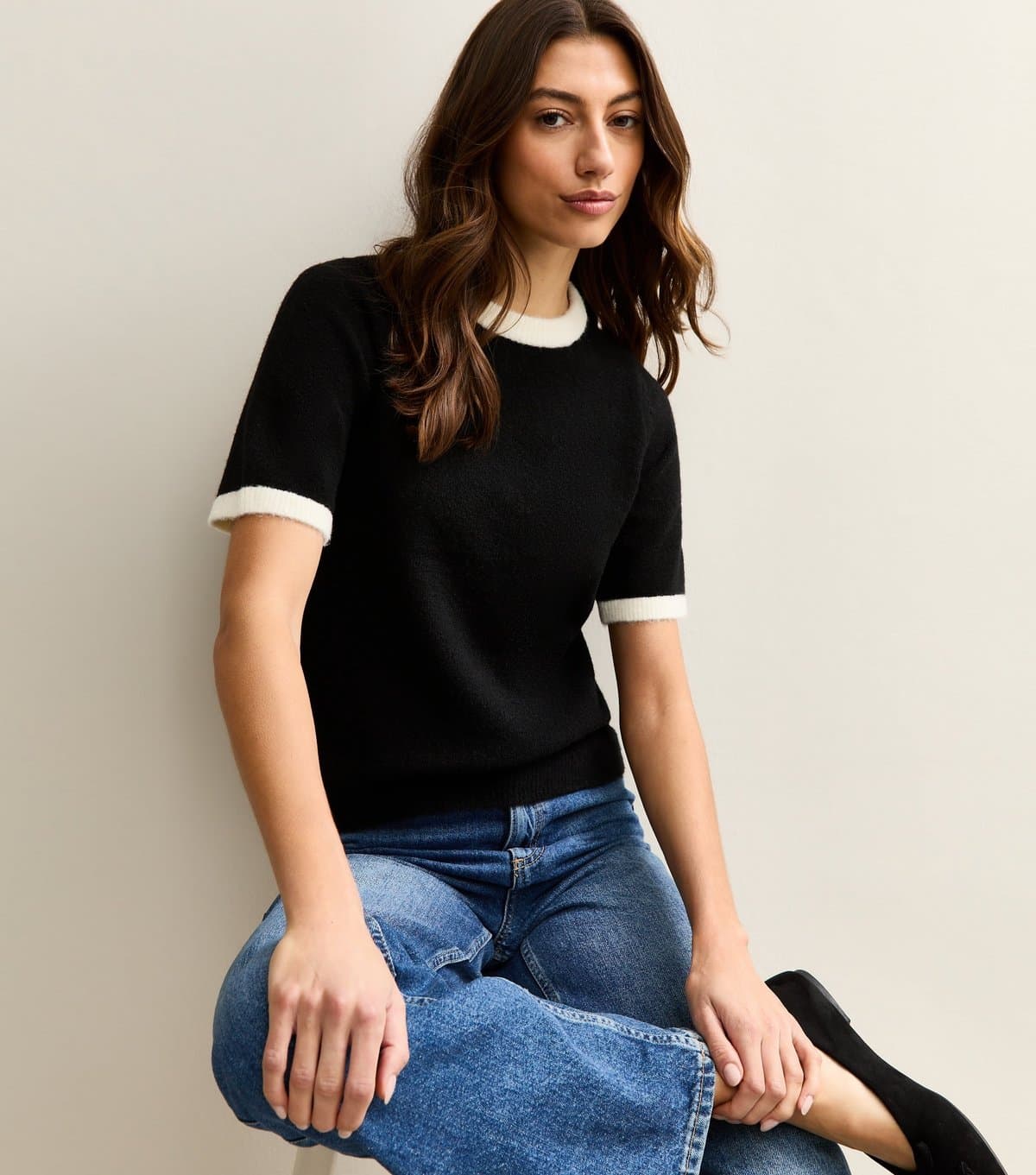 New Look Women's Tall Black Contrast Trims Midweight Knit Top New Look