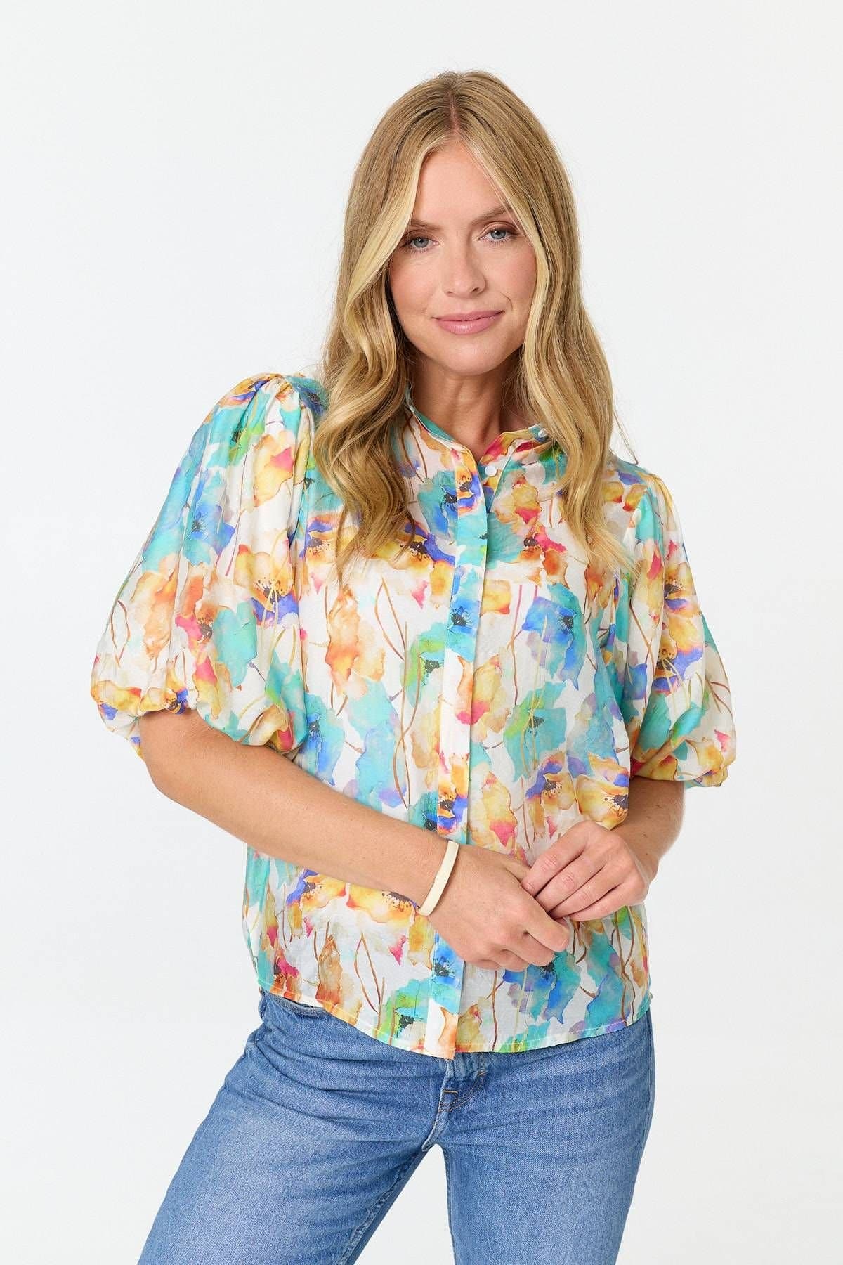 Izabel London Izabel London Women's Abstract 1/2 Puff Sleeve Boxy Blouse in Green