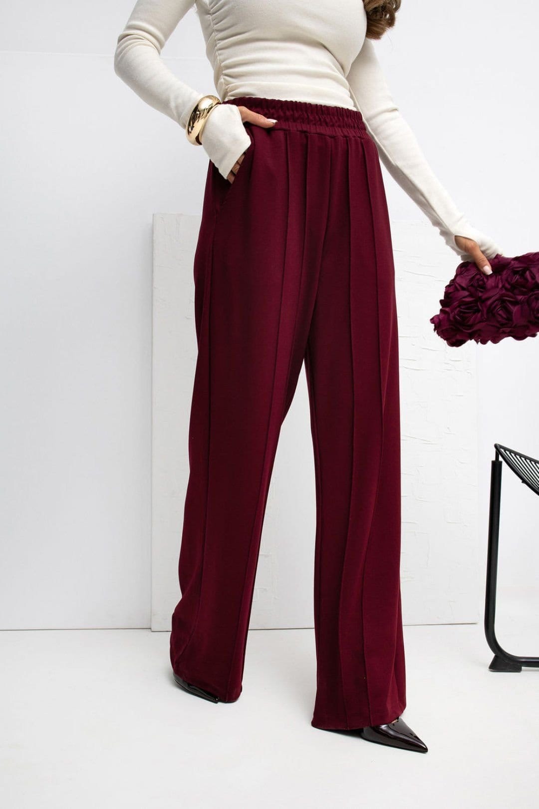 Love Lace Red Viscose/Elastane Wide Leg Trousers